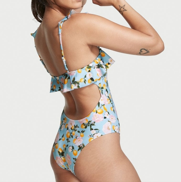🍒NWT🍒 VS SWIM BLUE RUFFLE LEMON PRINT ONE PIECE - Picture 1 of 3